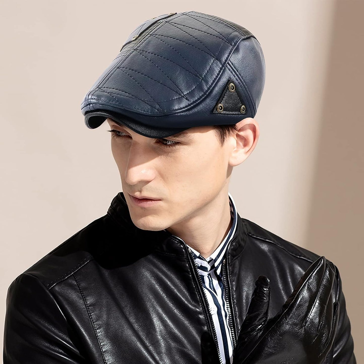 Mens Adjustable PU Leather Ivy Cap Newsboy Hat Classic Golf Flat Cap Gatsby Driving Fishing Hat for Men Father Dad