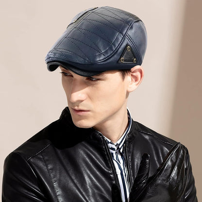 Mens Adjustable PU Leather Ivy Cap Newsboy Hat Classic Golf Flat Cap Gatsby Driving Fishing Hat for Men Father Dad