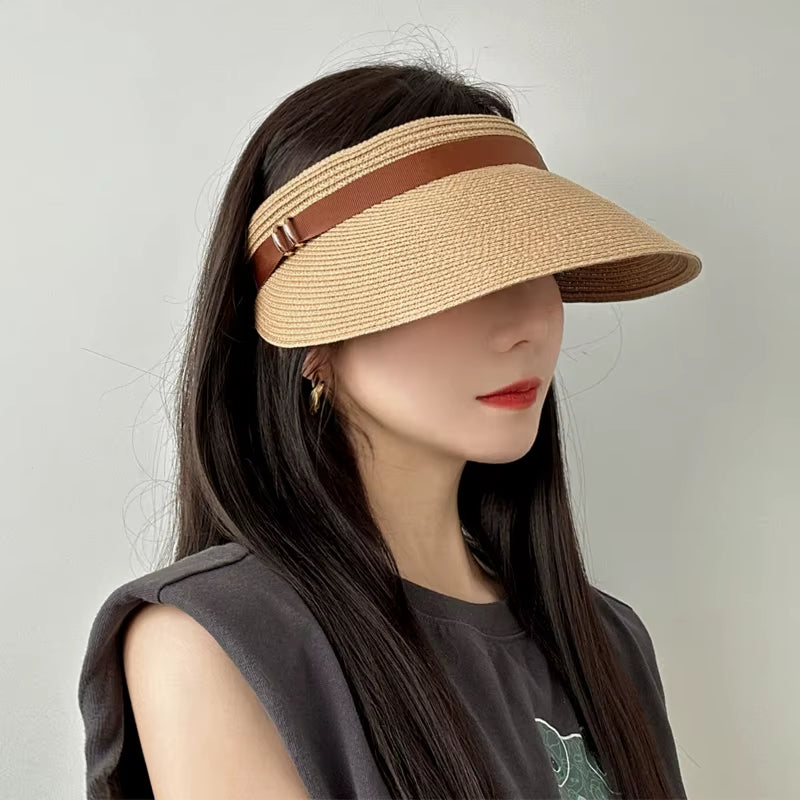 Wide Brim Summer Cap Sun Visor Cap with Elastic Head Straw Cap Sun Visor Hat for Women Beach Cap Baggy Sun Caadjustable Packable