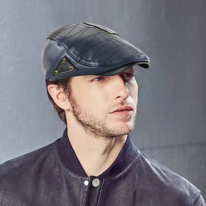 Mens Adjustable PU Leather Ivy Cap Newsboy Hat Classic Golf Flat Cap Gatsby Driving Fishing Hat for Men Father Dad
